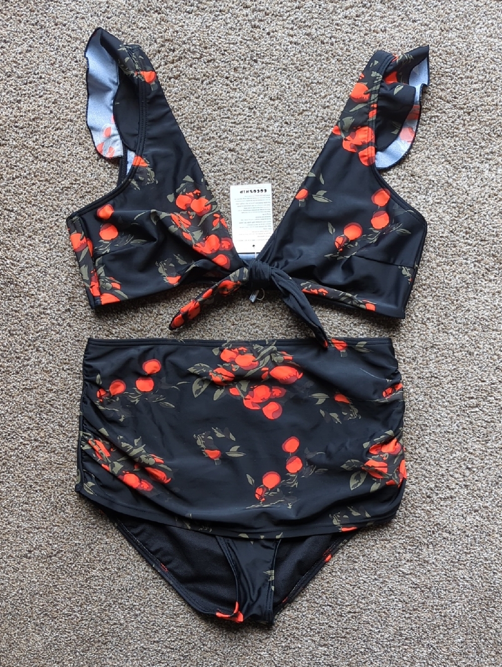 Cocoship Black Floral Tie Front Bikini 2 Piece Swim Suit NWT